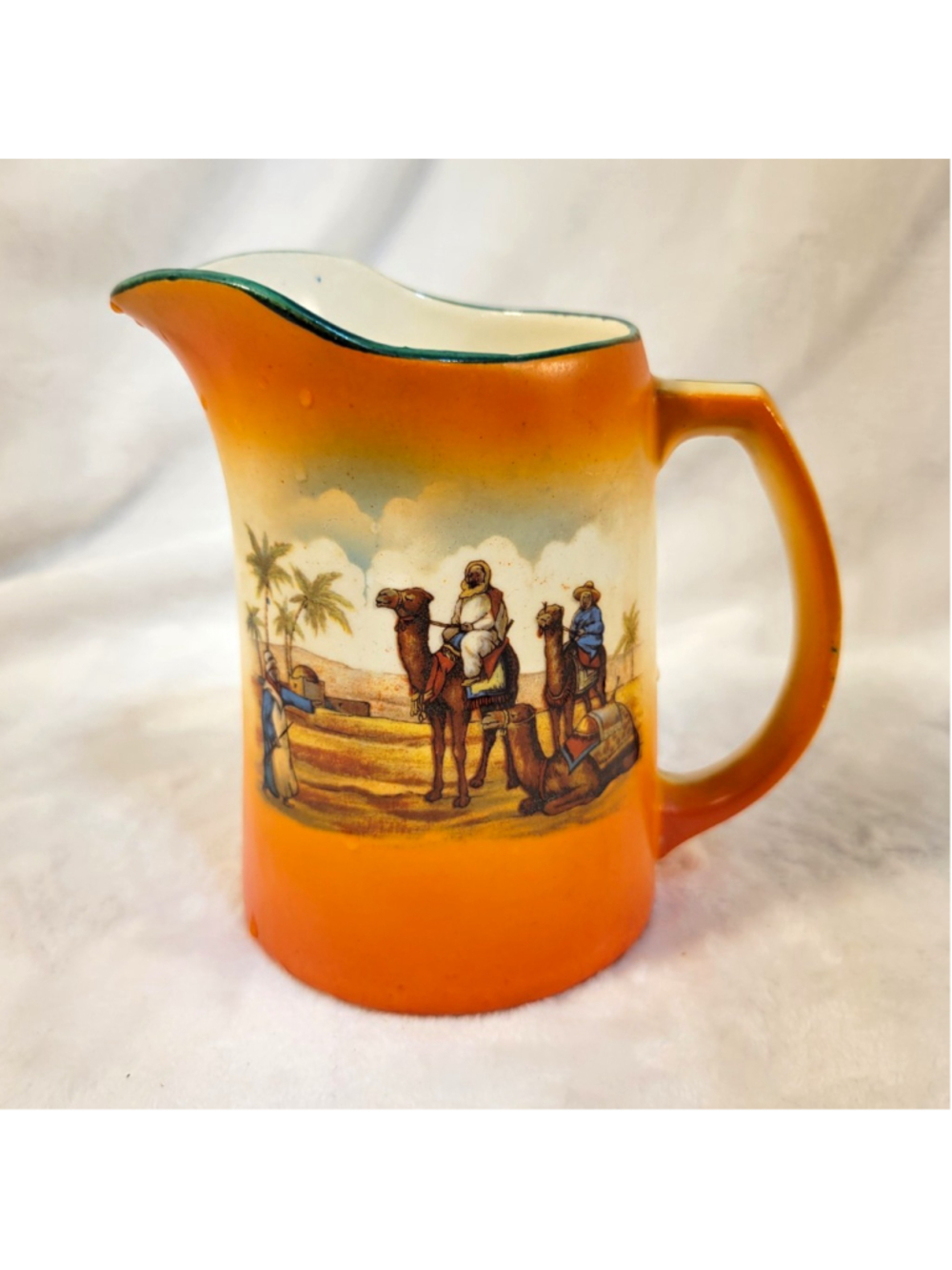 Ceramic Pitcher Jug Orange White Camel Desert Scene Green Rim 5 in 1 pt
